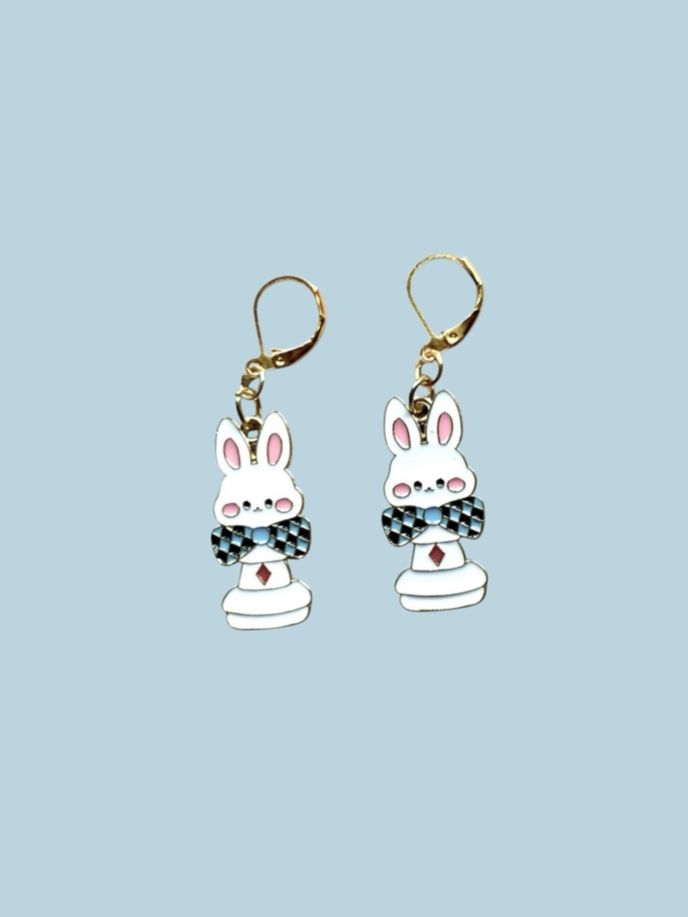 Bunny Rabbit Chess Earrings White, Blue & Gold Alice in Wonderland theme Easter